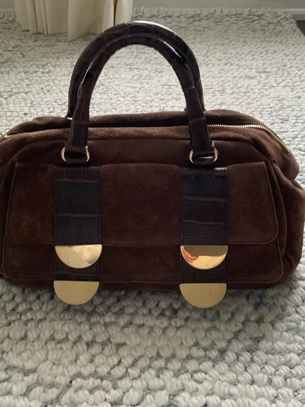 FURLA Suede chocolate brown handbag with crocodile handles and base